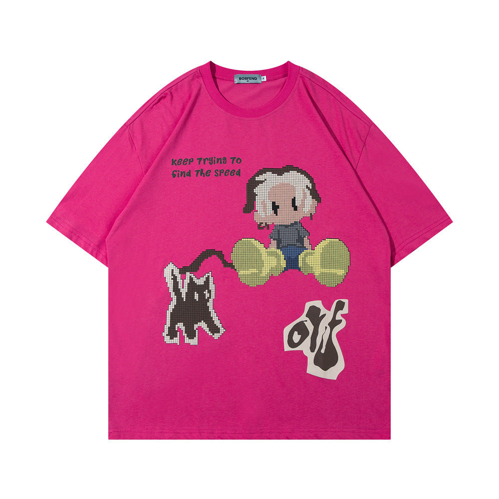 Fun Cartoon Anime Print Short Sleeve T-Shirt Men's High Street Trendy Half Sleeve Pure Cotton Round Neck Loose Tee