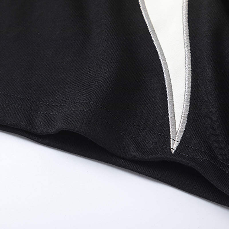 Color Block Applique Embroidery Flame Short Sleeve T-Shirt High Street Design Creative Abstract Casual Tee Men