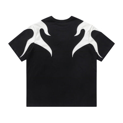 Color Block Applique Embroidery Flame Short Sleeve T-Shirt High Street Design Creative Abstract Casual Tee Men