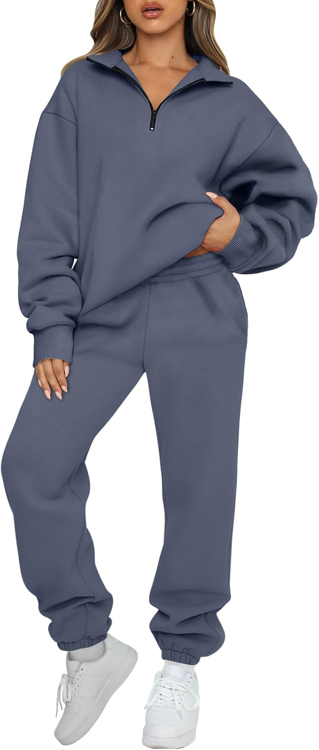 AUTOMET Women's Sweatsuits 2 Piece Outfits Lounge Sets Long Sleeve Half Zip Pullover and Baggy Sweatpants with Pockets