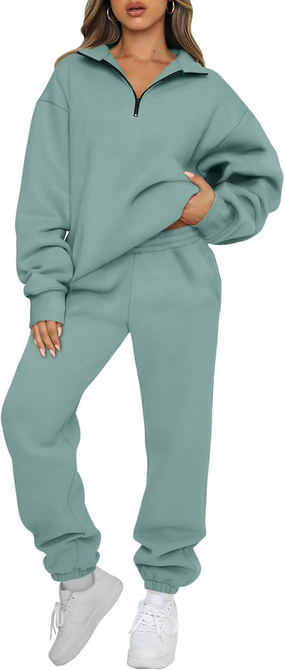 AUTOMET Women's Sweatsuits 2 Piece Outfits Lounge Sets Long Sleeve Half Zip Pullover and Baggy Sweatpants with Pockets
