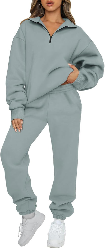 AUTOMET Women's Sweatsuits 2 Piece Outfits Lounge Sets Long Sleeve Half Zip Pullover and Baggy Sweatpants with Pockets