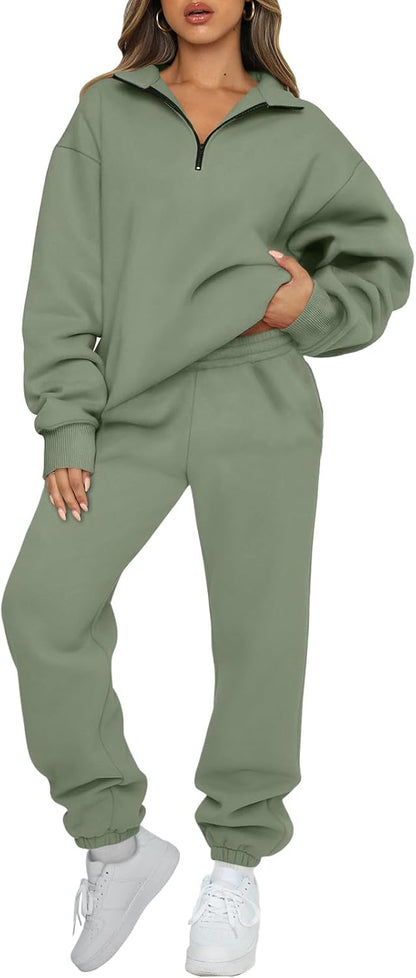 AUTOMET Women's Sweatsuits 2 Piece Outfits Lounge Sets Long Sleeve Half Zip Pullover and Baggy Sweatpants with Pockets