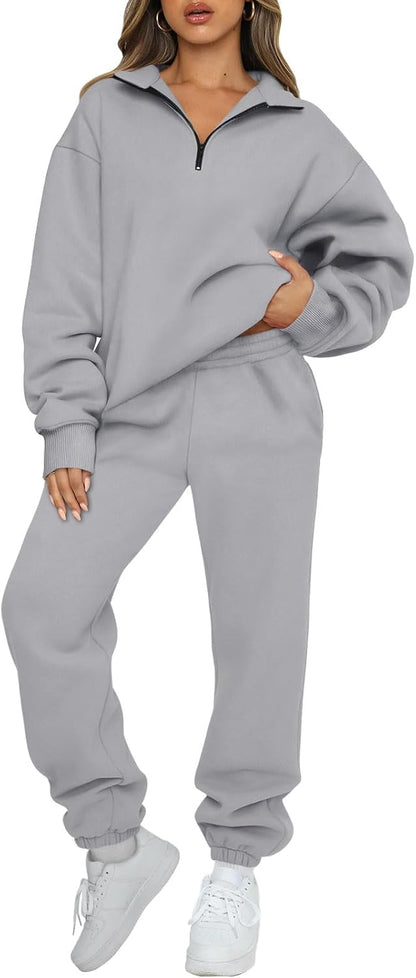 AUTOMET Women's Sweatsuits 2 Piece Outfits Lounge Sets Long Sleeve Half Zip Pullover and Baggy Sweatpants with Pockets