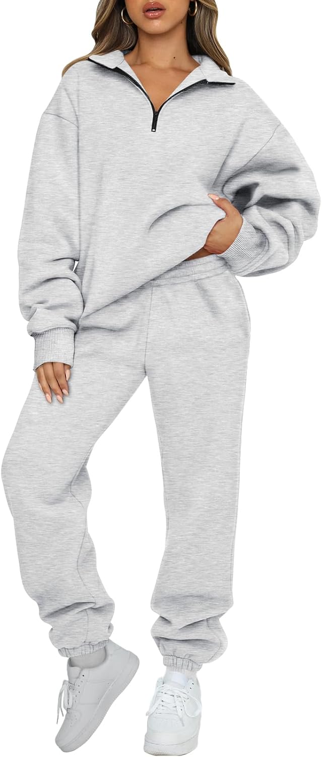 AUTOMET Women's Sweatsuits 2 Piece Outfits Lounge Sets Long Sleeve Half Zip Pullover and Baggy Sweatpants with Pockets