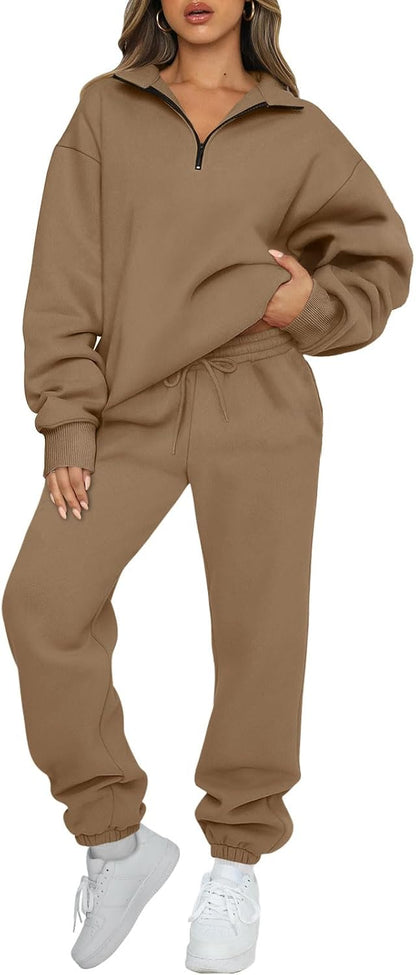 AUTOMET Women's Sweatsuits 2 Piece Outfits Lounge Sets Long Sleeve Half Zip Pullover and Baggy Sweatpants with Pockets