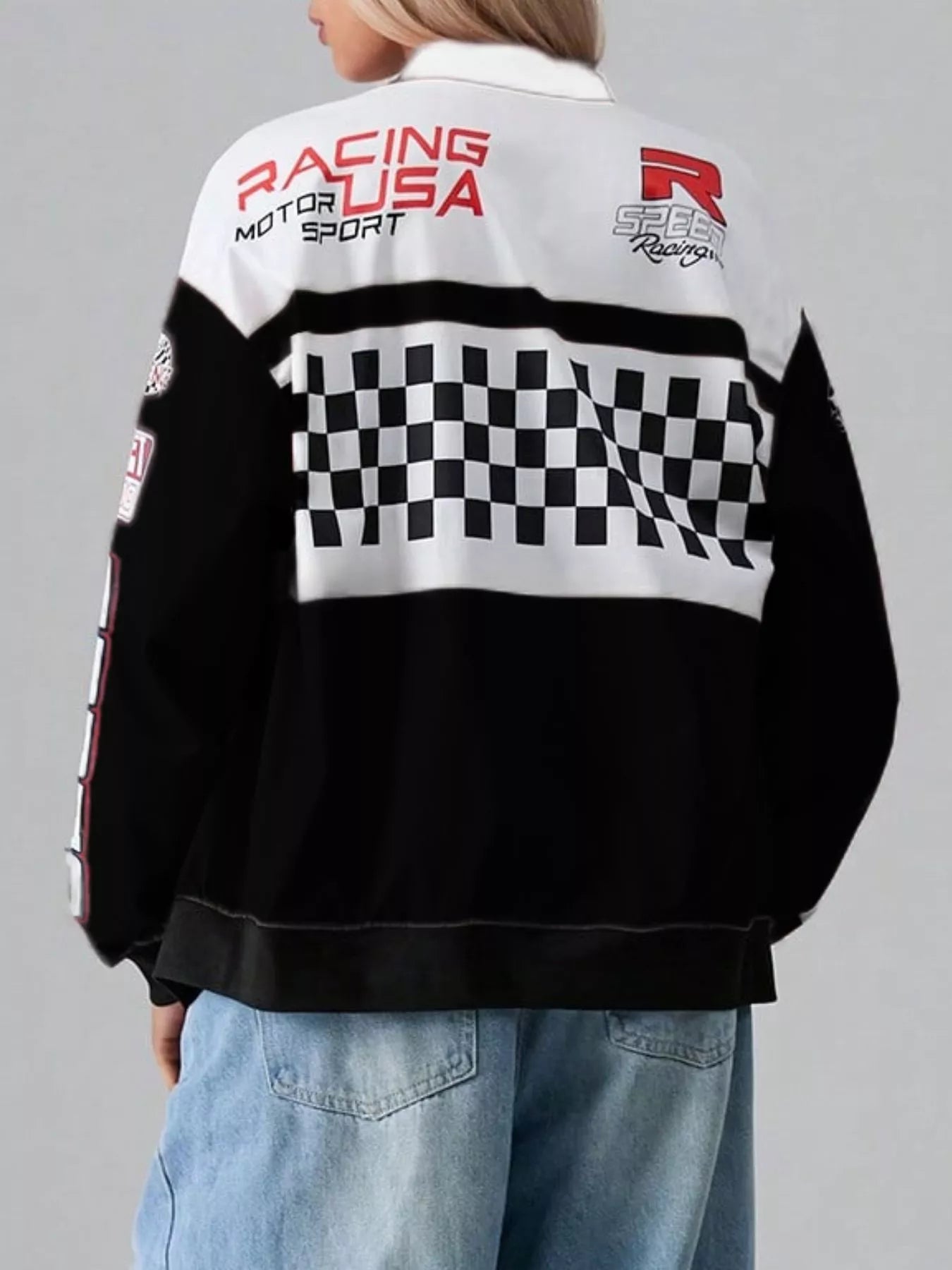 Letter Zip Up Dropped Shoulder Jacket