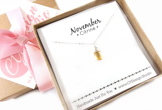 Citrine Gemstone - November Birthstone - Sterling Silver Necklace
