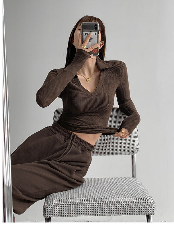 Sexy V-Neck Slim Fitness Women's T-Shirt Long Sleeve Polo Shirt Woman High Waist Cropped Tops