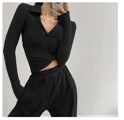 Sexy V-Neck Slim Fitness Women's T-Shirt Long Sleeve Polo Shirt Woman High Waist Cropped Tops