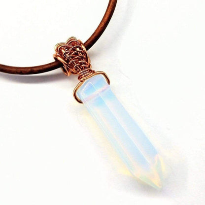 Handmade Men's Rustic Wire Wrapped Pointed Gemstone Crystal Leather Necklace